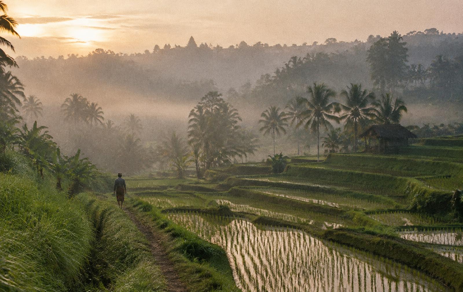 Misty rice terraces near Ubud at dawn
